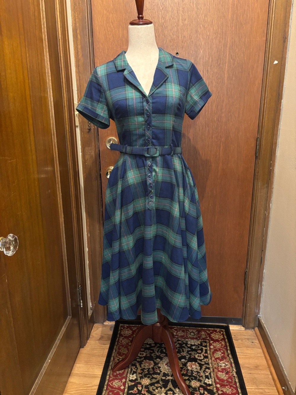 Collectif Katarina Navy & Green Plaid Button-Front Midi Shirt Dress- w/ Pockets